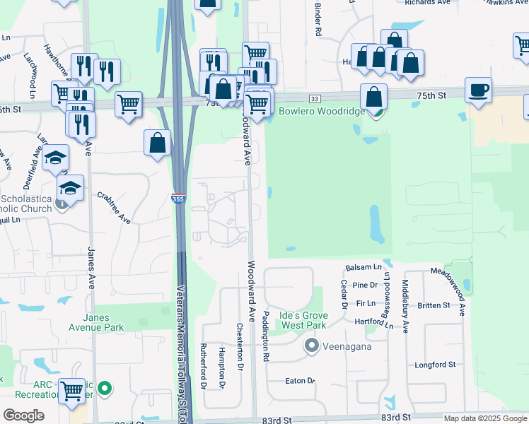 map of restaurants, bars, coffee shops, grocery stores, and more near 7729 Woodward Avenue in Woodridge