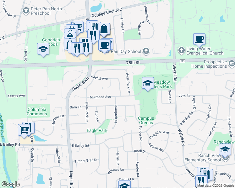map of restaurants, bars, coffee shops, grocery stores, and more near 1400 Hampton Court in Naperville