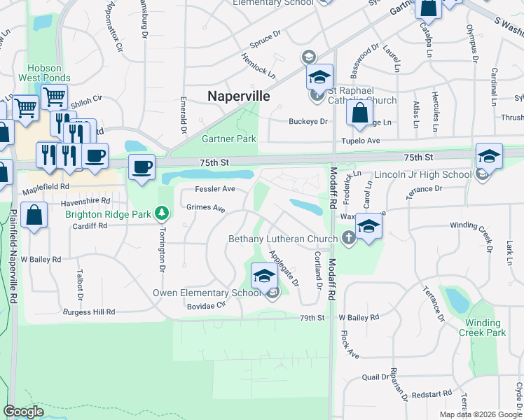 map of restaurants, bars, coffee shops, grocery stores, and more near 1455 Applegate Drive in Naperville