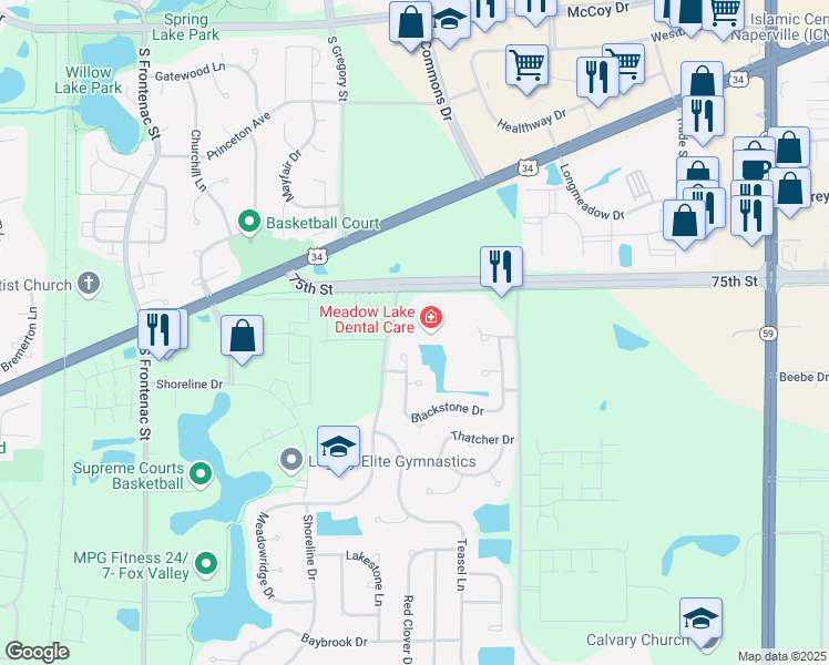 map of restaurants, bars, coffee shops, grocery stores, and more near 612 Blackstone Court in Aurora