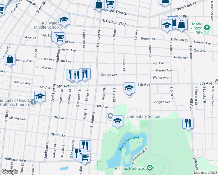 map of restaurants, bars, coffee shops, grocery stores, and more near 736 Schomer Avenue in Aurora