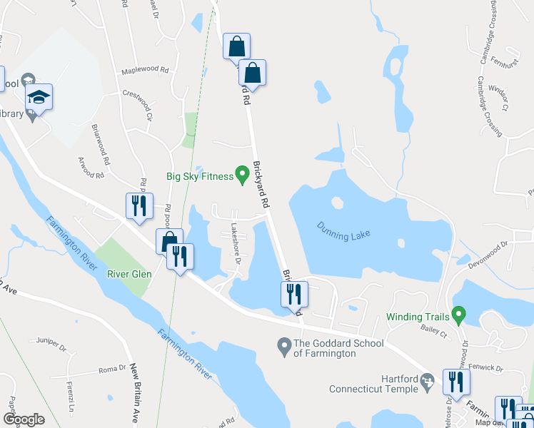 map of restaurants, bars, coffee shops, grocery stores, and more near 3 Lakeshore Drive in Farmington