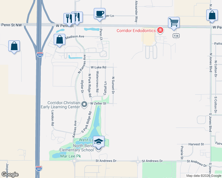 map of restaurants, bars, coffee shops, grocery stores, and more near 75 North Sunset Drive in North Liberty