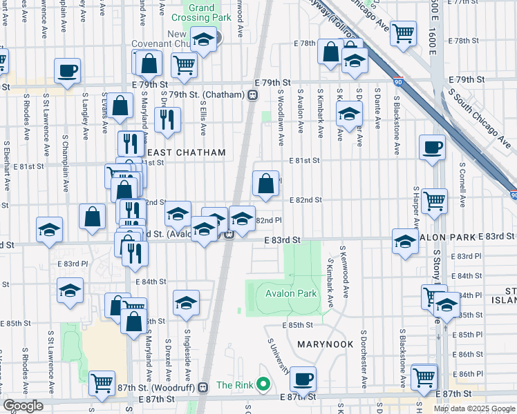 map of restaurants, bars, coffee shops, grocery stores, and more near 1113 East 82nd Place in Chicago