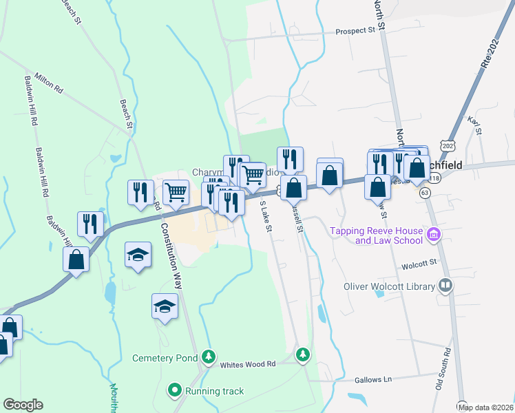 map of restaurants, bars, coffee shops, grocery stores, and more near 28 South Lake Street in Litchfield