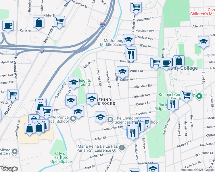 map of restaurants, bars, coffee shops, grocery stores, and more near 304 Saybrooke Street in Hartford