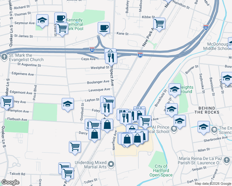 map of restaurants, bars, coffee shops, grocery stores, and more near 330-412 New Park Ave in Hartford