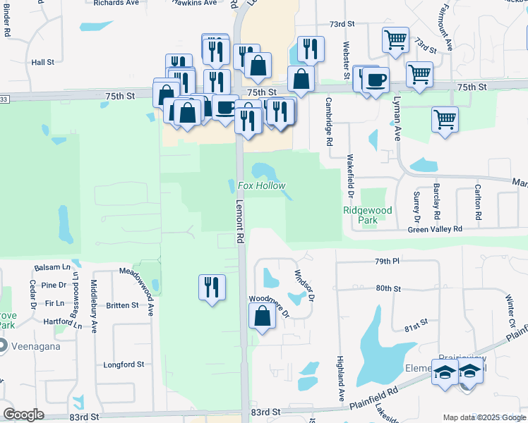 map of restaurants, bars, coffee shops, grocery stores, and more near 7879 Lemont Road in Darien