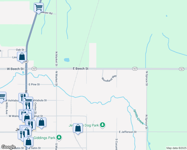 map of restaurants, bars, coffee shops, grocery stores, and more near 222 East Beech Street in Jefferson