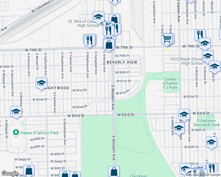 map of restaurants, bars, coffee shops, grocery stores, and more near 8151 South Western Avenue in Chicago