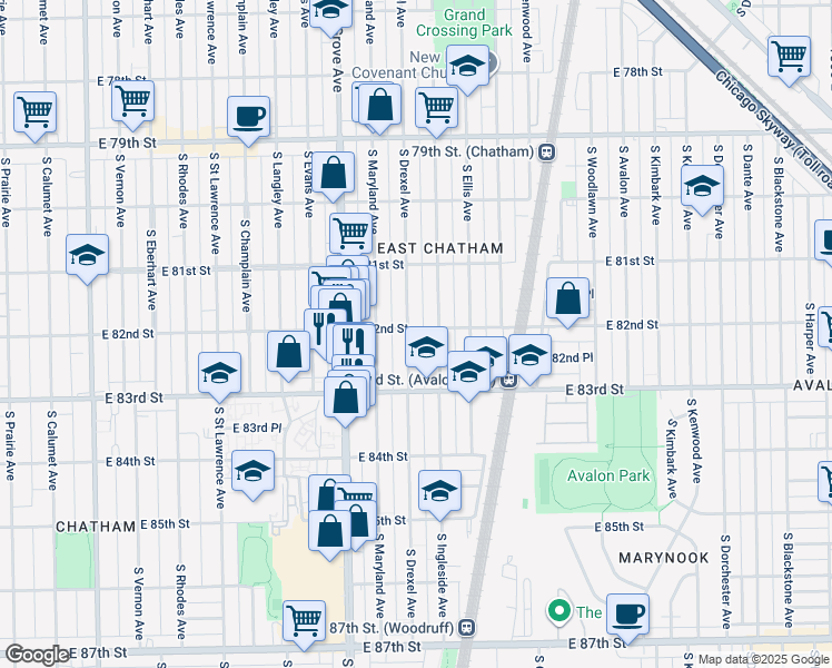 map of restaurants, bars, coffee shops, grocery stores, and more near 903 East 82nd Street in Chicago