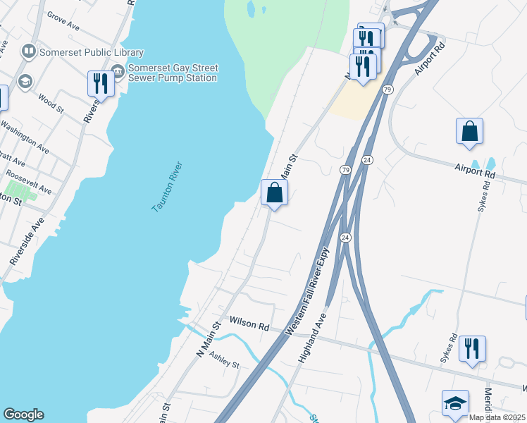 map of restaurants, bars, coffee shops, grocery stores, and more near 3700 North Main Street in Fall River