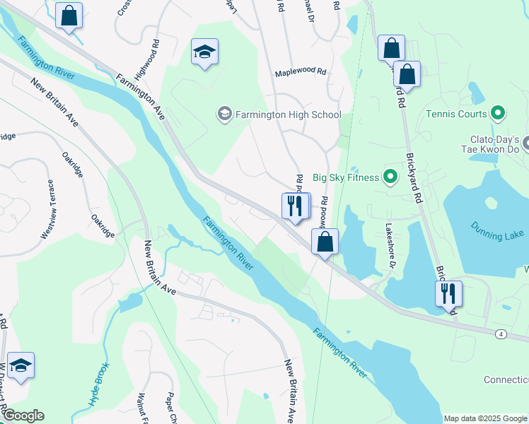 map of restaurants, bars, coffee shops, grocery stores, and more near 10 Sequassen Road in Farmington