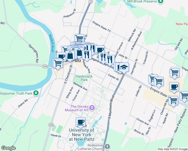 map of restaurants, bars, coffee shops, grocery stores, and more near 38 Plattekill Avenue in New Paltz