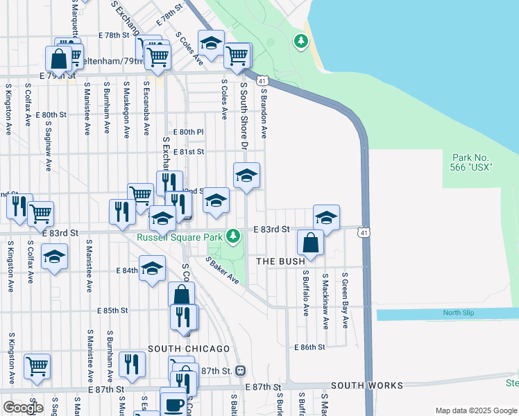 map of restaurants, bars, coffee shops, grocery stores, and more near 8237 South South Shore Drive in Chicago