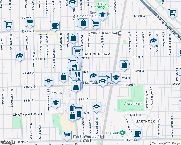 map of restaurants, bars, coffee shops, grocery stores, and more near 8226 South Drexel Avenue in Chicago