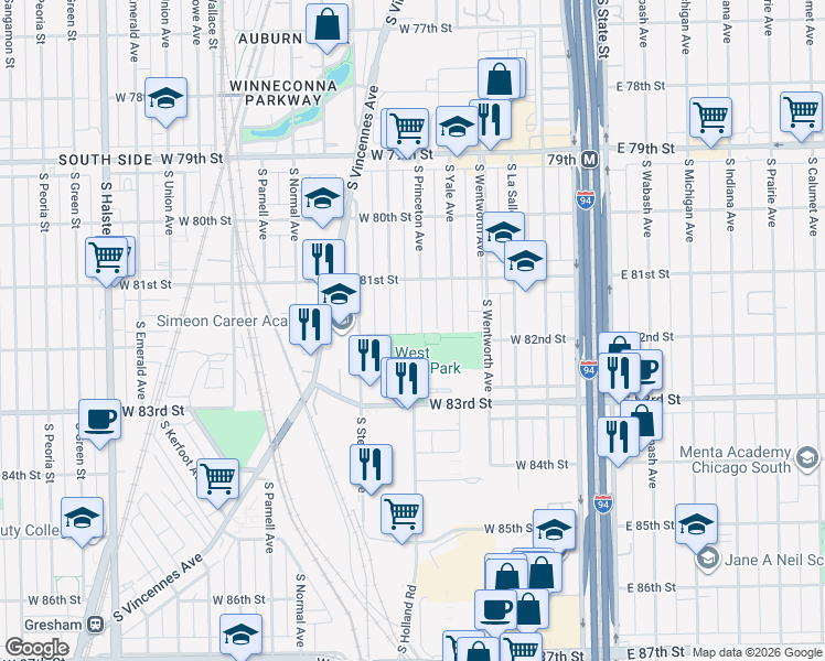 map of restaurants, bars, coffee shops, grocery stores, and more near 8233 South Stewart Avenue in Chicago