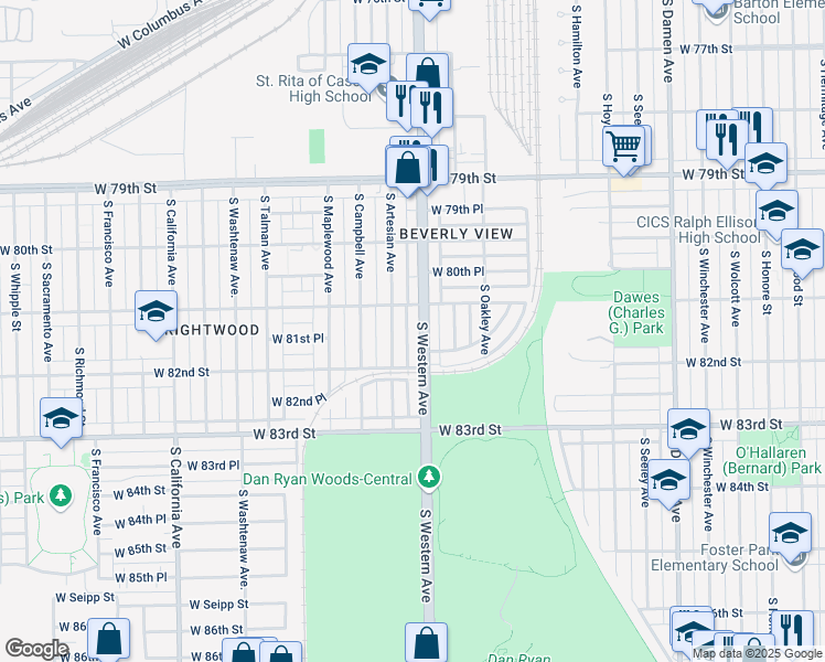 map of restaurants, bars, coffee shops, grocery stores, and more near 8151 South Western Avenue in Chicago