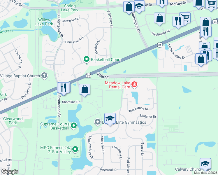 map of restaurants, bars, coffee shops, grocery stores, and more near 534 Watercress Drive in Aurora