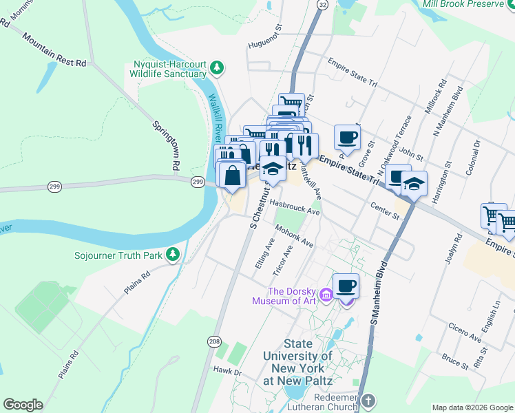 map of restaurants, bars, coffee shops, grocery stores, and more near 35 South Chestnut Street in New Paltz