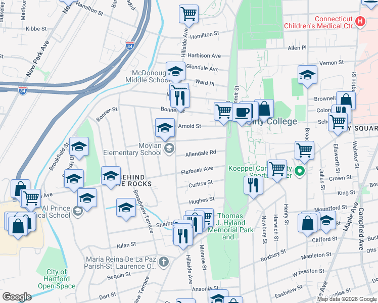 map of restaurants, bars, coffee shops, grocery stores, and more near 86-88 Flatbush Avenue in Hartford