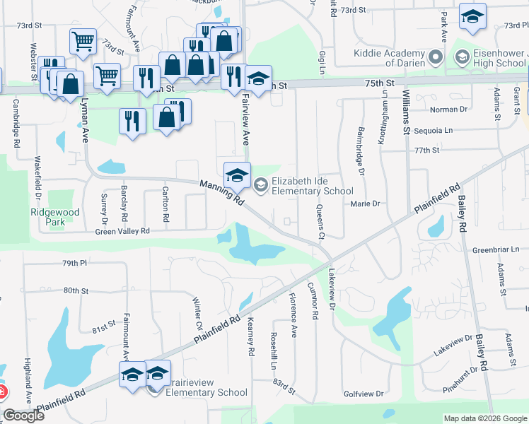 map of restaurants, bars, coffee shops, grocery stores, and more near 606 Manning Road in Downers Grove