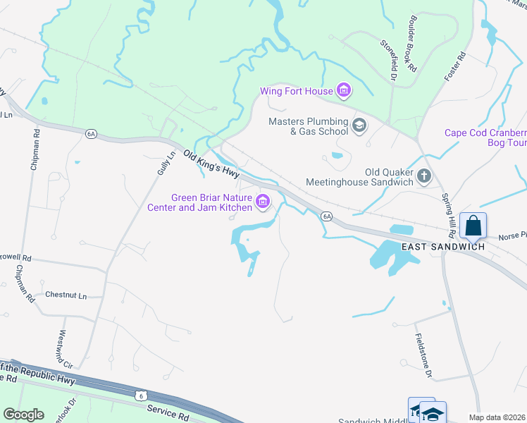 map of restaurants, bars, coffee shops, grocery stores, and more near 6 Discovery Hill Road in Sandwich
