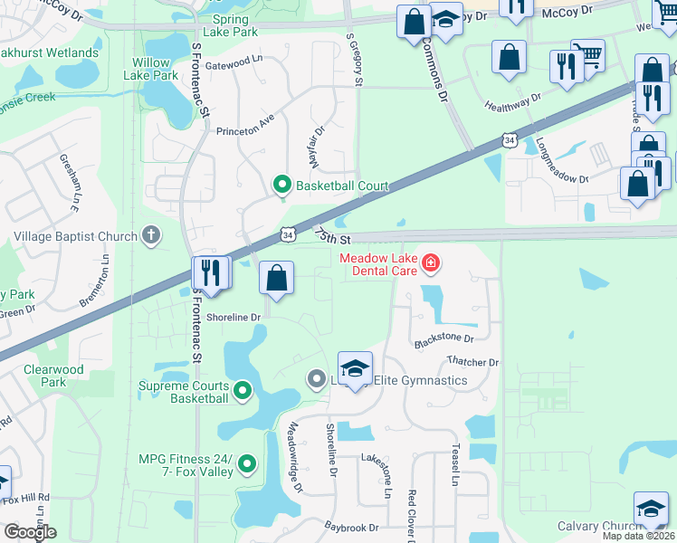map of restaurants, bars, coffee shops, grocery stores, and more near 533 Watercress Drive in Aurora