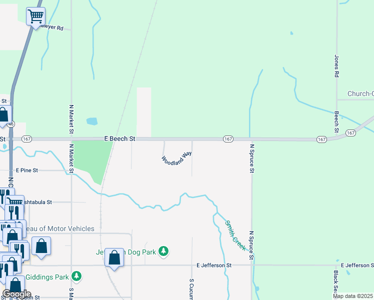 map of restaurants, bars, coffee shops, grocery stores, and more near 346 Woodland Way in Jefferson