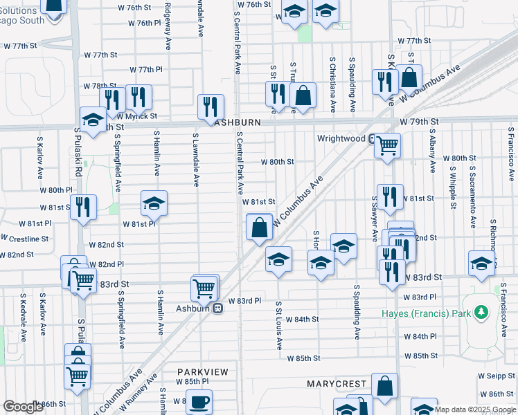 map of restaurants, bars, coffee shops, grocery stores, and more near 3533 West 80th Place in Chicago