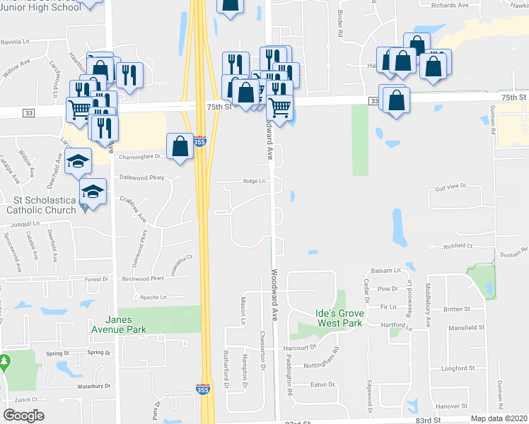 map of restaurants, bars, coffee shops, grocery stores, and more near None in Woodridge