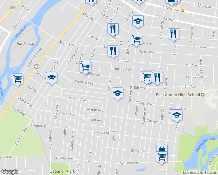 map of restaurants, bars, coffee shops, grocery stores, and more near 435 5th Avenue in Aurora