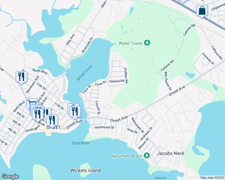 map of restaurants, bars, coffee shops, grocery stores, and more near 12 Broad Street in Wareham