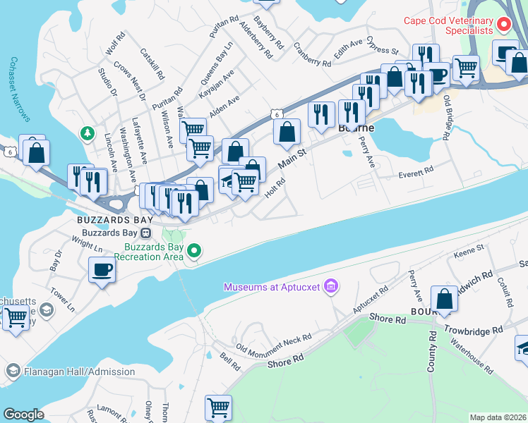 map of restaurants, bars, coffee shops, grocery stores, and more near 9 Thomas Avenue in Bourne