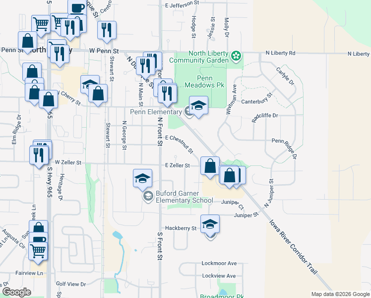 map of restaurants, bars, coffee shops, grocery stores, and more near 65 East Chestnut Street in North Liberty