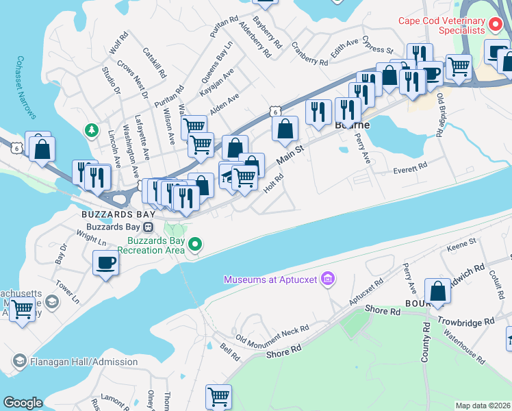 map of restaurants, bars, coffee shops, grocery stores, and more near 12 Holt Road in Bourne