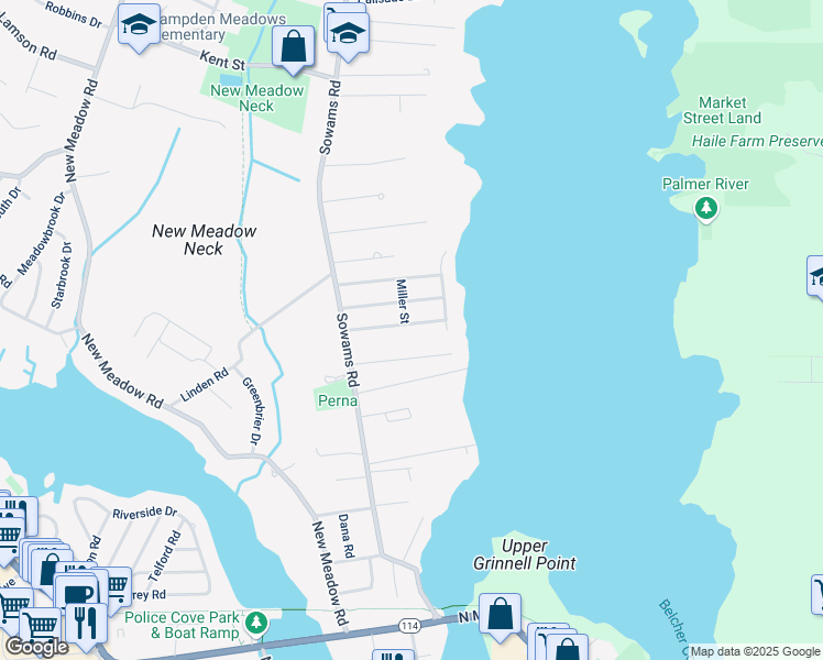 map of restaurants, bars, coffee shops, grocery stores, and more near 25 Wallis Avenue in Barrington