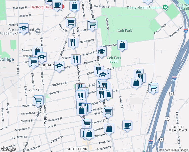 map of restaurants, bars, coffee shops, grocery stores, and more near in Hartford
