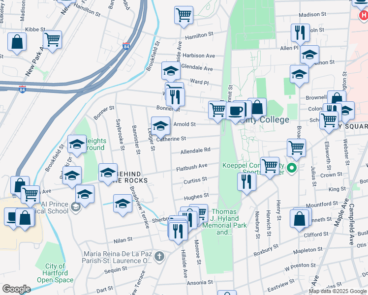map of restaurants, bars, coffee shops, grocery stores, and more near 72 Catherine Street in Hartford