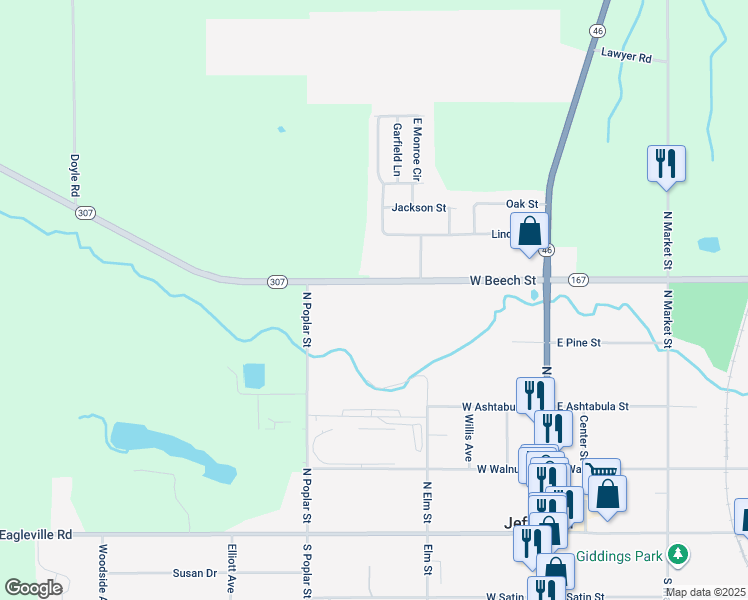 map of restaurants, bars, coffee shops, grocery stores, and more near 708 Ohio 307 in Jefferson