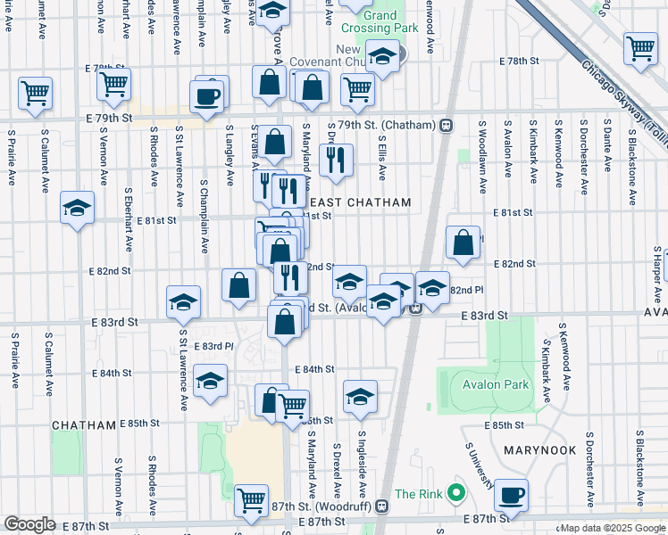map of restaurants, bars, coffee shops, grocery stores, and more near 8142 South Drexel Avenue in Chicago