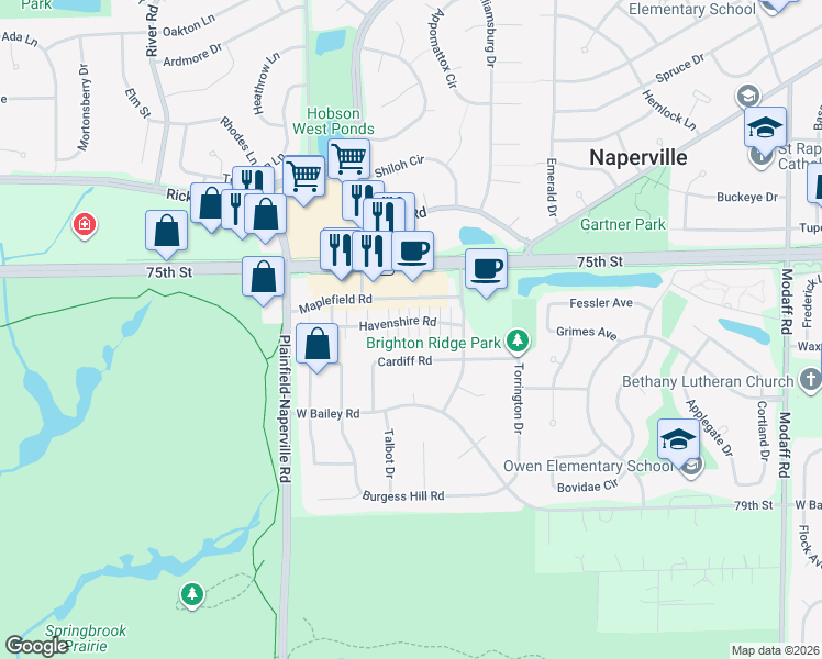 map of restaurants, bars, coffee shops, grocery stores, and more near 845 Havenshire Road in Naperville