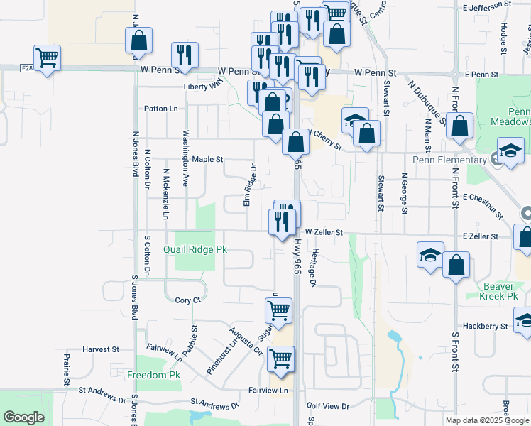 map of restaurants, bars, coffee shops, grocery stores, and more near 184 Elm Ridge Drive in North Liberty