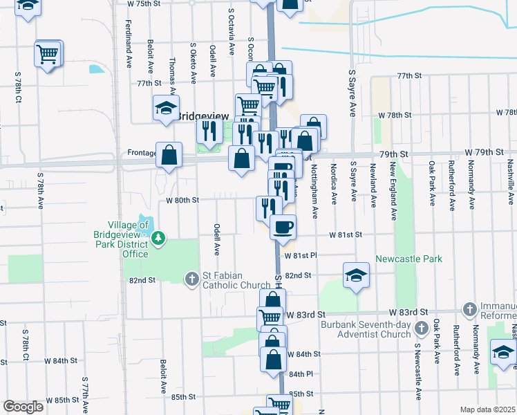 map of restaurants, bars, coffee shops, grocery stores, and more near 8003 South Oconto Avenue in Bridgeview