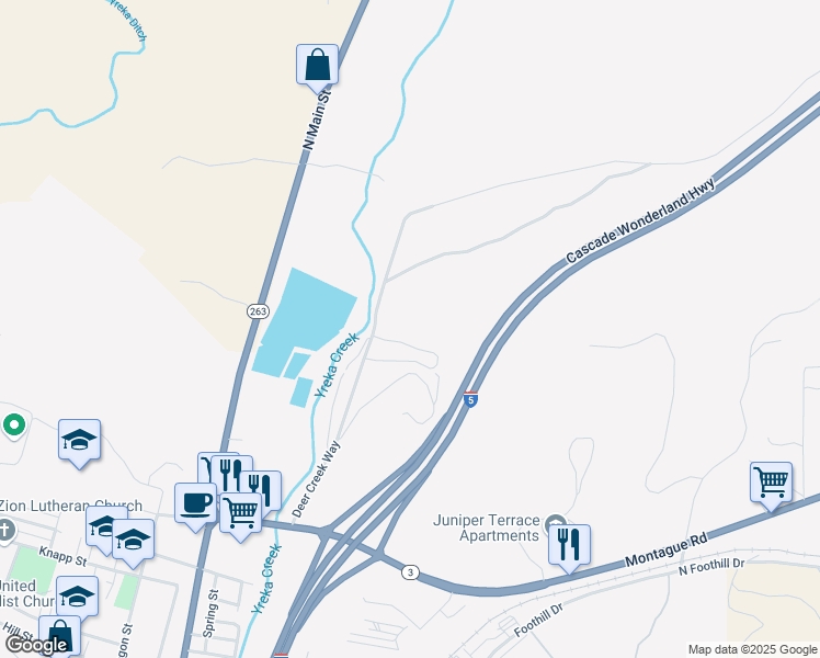 map of restaurants, bars, coffee shops, grocery stores, and more near 1060 Deer Creek Way in Yreka