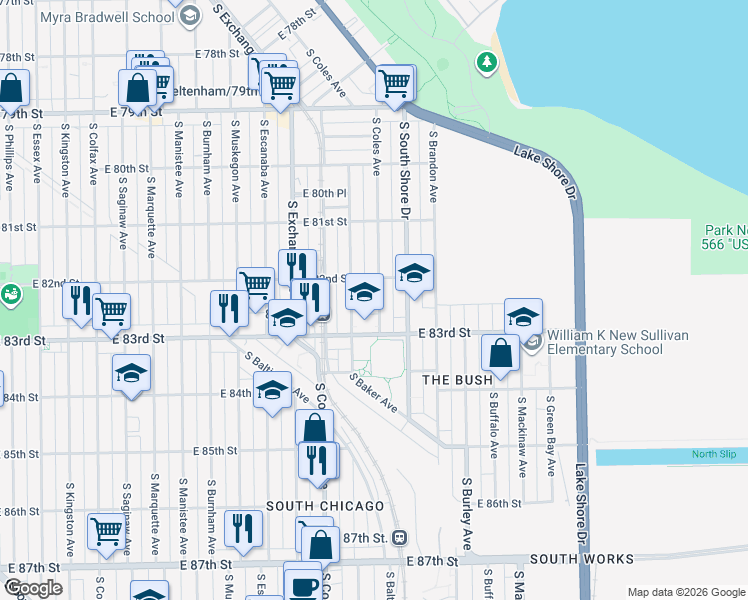 map of restaurants, bars, coffee shops, grocery stores, and more near 8220 South Coles Avenue in Chicago