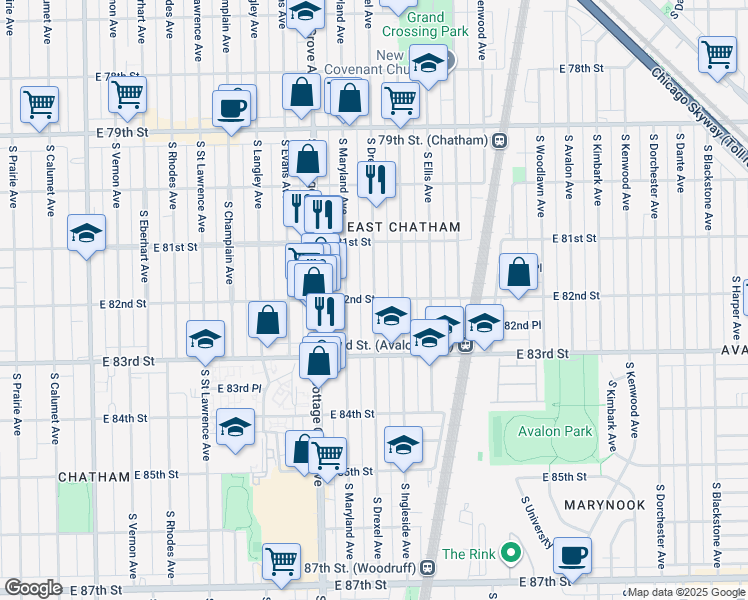 map of restaurants, bars, coffee shops, grocery stores, and more near 8201 South Drexel Avenue in Chicago