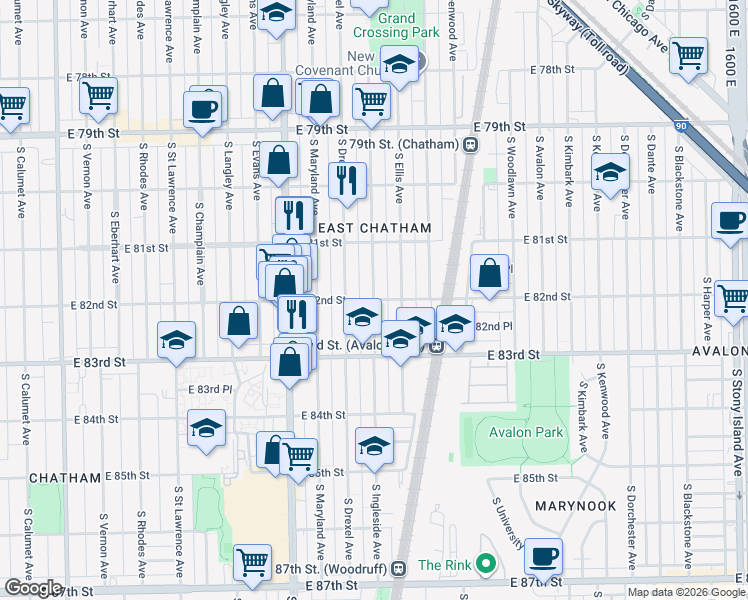 map of restaurants, bars, coffee shops, grocery stores, and more near E 82nd St & S Ingleside Ave in Chicago