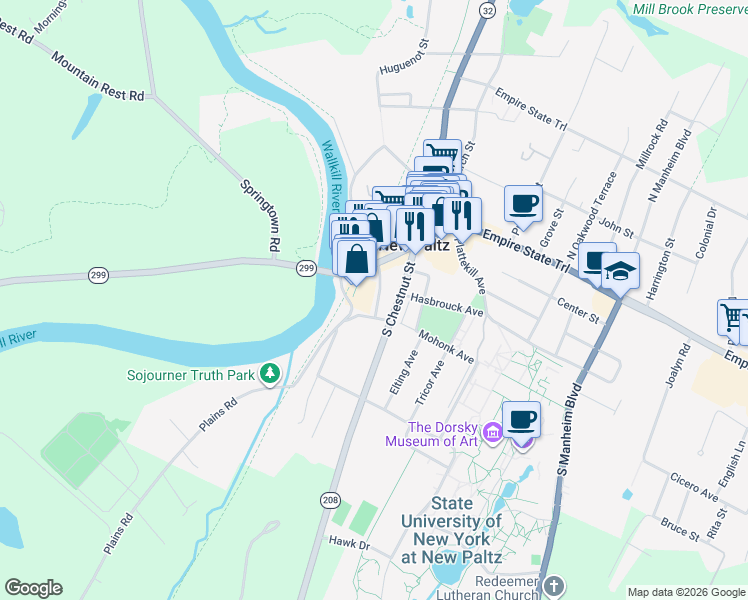 map of restaurants, bars, coffee shops, grocery stores, and more near 4 Wurts Avenue in New Paltz