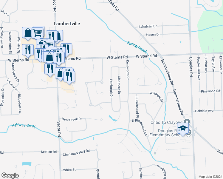 map of restaurants, bars, coffee shops, grocery stores, and more near 3198 Wiltshire Drive in Lambertville